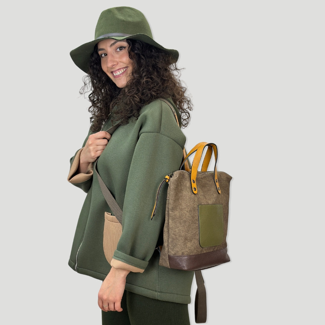 Bolso - mochila | Verde, marrón y amarillo