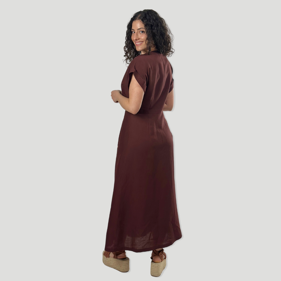 Vestido Hilo | Manga Caída | Marrón